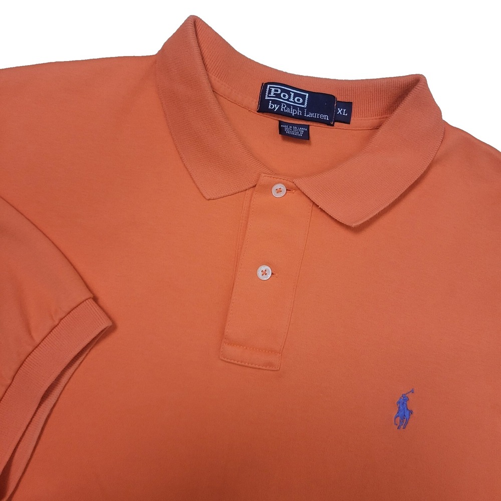 Vintage Polo Ralph Lauren Mens XL Orange Blue Pony Stretch Knit Short Sleeve